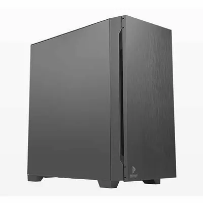 A black PC case is shown against a light gray background.