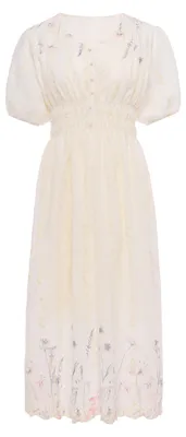 Produktbild von Damen Maxikleid beige XS mit V-Ausschnitt, Puffärmeln und Blumenmuster