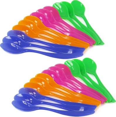Two rows of colorful plastic spoons arranged in a fanned pattern against a white background.