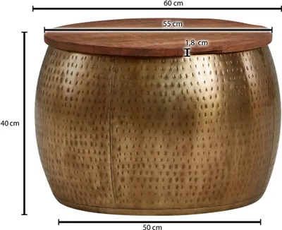 Obrázok produktu pre WOHNLING konferenčný stolík mango masív kov 60x60x40 cm zlatý okrúhly s úložným priestorom | Dizajnový obývací stôl odnímateľná doska | Sedací stôl ro