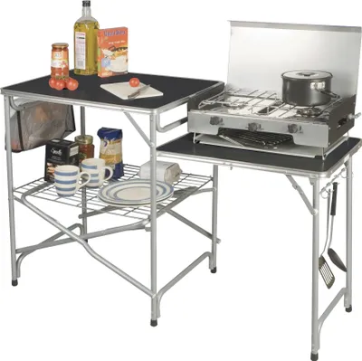 Produktbild von Kampa Feldküche Colonel, 121x49x80cm, pulverbeschichteter Stahl, laminierte Holzfaser, zerlegbar, zusammenklappbar, inkl. Tragetasche, viel Stauraum, große Arbeitsfläche, integrierter Abfallbehälter, 4 Haken, max. 30kg Belastbarkeit, für Camping