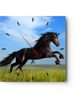 Produktbild von Wanduhr - Quadrat - Glasuhr - Schwarzes Pferd Pferd Galopp - 40x40cm - Schleichendes Uhrwerk - Lautlos - zum Aufhängen bereit - Dekoration Modern - Wanddekoration aus Glas - C3AC40x40-0495