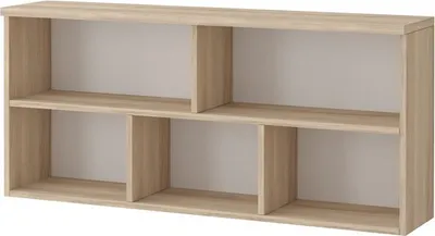 A light brown, modular shelving unit with five compartments against a white background.