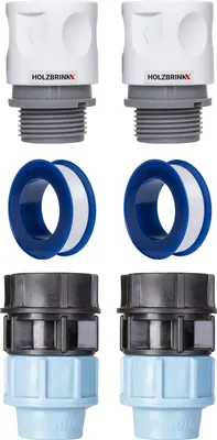Produktbild von HOLZBRINK Set zum Anschluss von Verlegerohr 25mm an den Wasserhahn: 2x Schnellanschluss 20mm, 2x Verbindung PE 20mm auf 25mm, 2x Teflonband