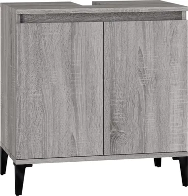 A standalone image of a gray wood-effect bathroom vanity cabinet with black legs.