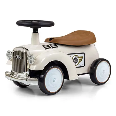 A white toy car with a brown seat and black steering wheel, presented on a white background.