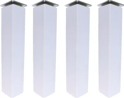 Four white square furniture legs are arranged in a row against a white background.