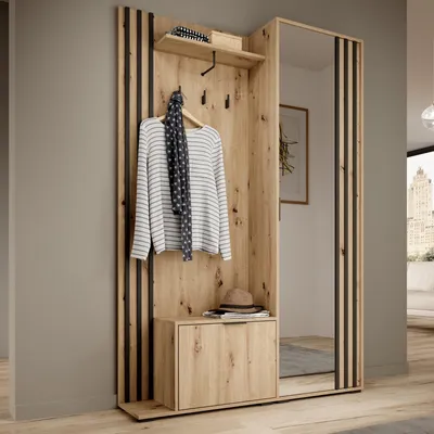 Produktbild von Garderobe STILO 131 cm Flurmöbel Set Spiegel Artisan Eiche Schwarze Lamellen