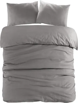 Productafbeelding van Padiro dekbedovertrek 200 x 240 cm - extra groot XXL - Katoen - Antraciet - Effen design, Wafelstructuur - Met 2 kussenslopen 60 x 70 cm - 3-delig voor 2 personen