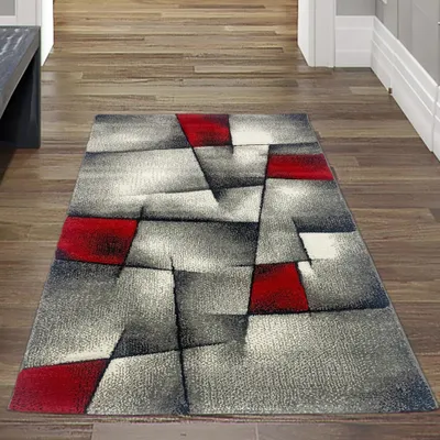 Produktbild von Designer Teppich Moderner Teppich Wohnzimmer Teppich Kurzflor Teppich mit Konturenschnitt Karo Muster Rot Grau Weiß Schwarz Größe - 80 x 150 cm
