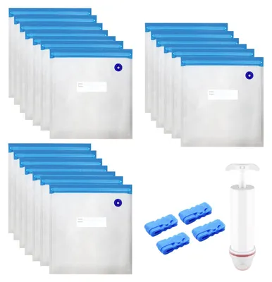 Produktbild von Vakuumbeutel – Wiederverwendbar – 26 x 28 cm – 20 Stück – Vakuumbeutel für Lebensmittel mit Handpumpe und Verschlüssen