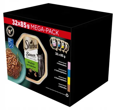 Zdjęcie produktu dla SHEBA Tacka Sos Kaczka/Kurczak/Łosoś/Tuńczyk 32x85g - Mix Smaków