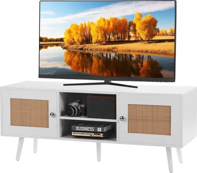 Produktbild von Rattan-TV-Ständer, Boho-TV-Schrank für 55-Zoll-Fernseher, Mid Century Modern TV-Ständer, Rattan-TV-Konsole mit verstellbaren Regalen für Wohnzimmer, Medienraum, weiß