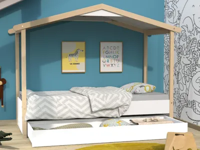 Produktbild von HAUSBETT CASTEL MIT SCHUBLADE/ SPIELBETT 90x190 - Weiß und naturfarben