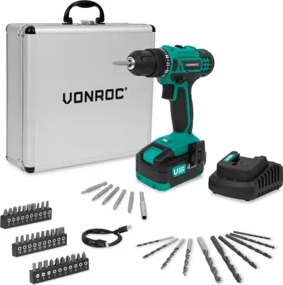 Produktbild von Vonroc Akku-Bohrschrauber 20V | Inkl. 4,0Ah Akku, Ladegerät und 46 Zubehörteilen im Premium-Koffer