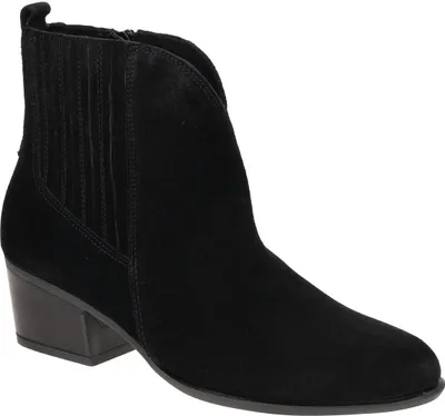 A single black suede cowboy boot is shown against a white background.