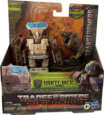 The image shows a Transformers toy package featuring characters Wheeljack and Rhinox.