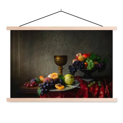 Produktbild von MuchoWow® Textilposter Rustikal - Tisch - Obst - Stilleben - Tasse 120x80 cm mit holzfarbenen Rahmen - Aufhängeset
