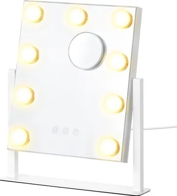 Produktbild von SONGMICS Make-up Spiegel mit LED-Beleuchtung, Kosmetikspiegel, Touch-Steuerung, Handyhalter, 3 Lichtfarben, 25 x 30 cm, weiß
