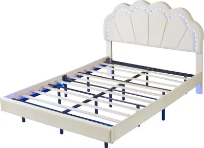 Produktbild von Polsterbett 140x200cm Doppelbett（Ohne Matratze）Gästebett Jugendbett Schwebebett Mit LED-Leuchten und Muschelform Kopfteildesign Samtstoff Beige