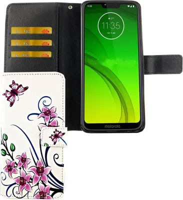 Produktbild von Motorola Moto G7 Tasche Handy Hülle Schutz-Cover Flip-Case mit Kartenfach Lotusblume