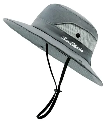 Immagine prodotto di Cappello da sole da donna, protezione UV, pieghevole, in rete, con passante per la coda di cavallo, tesa larga, colore grigio, taglia unica