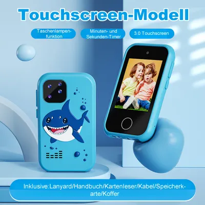 A blue toy smartphone with a shark design and a screen showing two children, presented with promotional text and accessories.