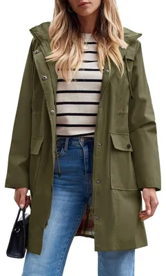 Immagine prodotto di Omgoods - Cappotto impermeabile lungo da donna, con cappuccio e fodera traspirante