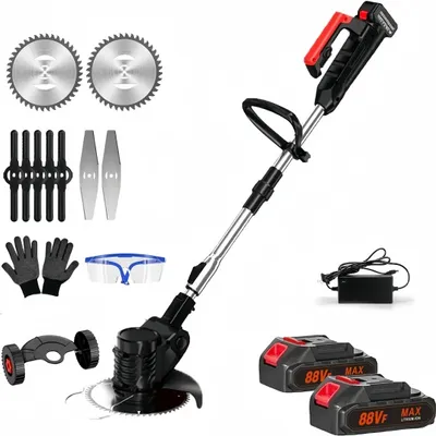 Produktbild von Akku-Rasentrimmer mit 2 Batterie, Elektrischer Grasschneider, 180° Trimmwinkel, Teleskop-Stiel&Zusatzhandgriff, mit Rädern, für Garten Hof