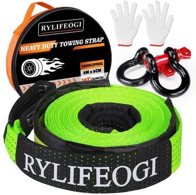 Produktbild von Famanu Abschleppseil 10 Tonnen (22.000 lbs) - 5 m x 5 cm mit 2 verstärkten Haken und 2 Handschuhen für Geländewagen (grün)