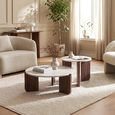 Produktbild von Set aus 2 runden, ineinander schiebbaren Couchtischen, Ø 70 cm und Ø 50 cm, Travertinoptik – JADE