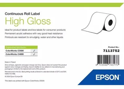 Obrázok produktu pre Epson High Gloss Label, Continuous Roll, 51mm x 33m, Samolepiaci štítok, Etiketa, Rolka, Inkjet, Akrylový, Permanentný