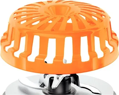 A close-up view of an orange protective cover over a metal blade.