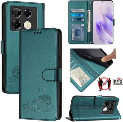 A collage of images showing a teal leather flip phone case with a cat design, its interior card slots, and a phone inserted.