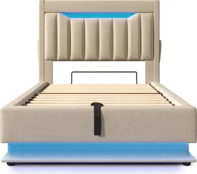 Obrázek produktu pro Polstrovaná postel 90x200 cm Dětská postel s LED osvětlením, USB/Type-C porty, úložnou čelní deskou a hydraulickou úložnou bednou – lněný vzhled béžová, bez matrace