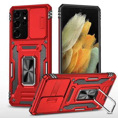 Obrázek produktu pro Pouzdro pro Samsung Galaxy S23 Ultra dvouvrstvou nárazuvzdornou ochranou kryt s posuvnou ochranou kamery, kroužkovým stojánkem červené