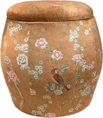 Immagine prodotto di Sgabello in velluto fine Asianliving con coperchio pouf rotondo marrone taupe a motivo di uccelli D43xH43cm