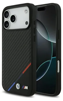 Image de Coque BMW MagSafe iPhone 17 Pro Max Carbon-Look Tricolor schwarz Logo Metall