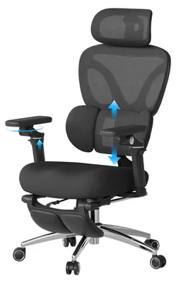 Obrázek produktu pro Ergonomická kancelářská židle – židle s prodyšnou síťovinou – otočná o 360° – 3D opěrka hlavy – 6D područky – nastavitelná hloubka sedáku – dynamická bederní opěrka – černá barva