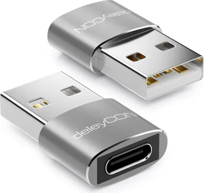 Produktbild von deleyCON USB C auf USB Adapter [2 Stück] USB C Buchse auf USB A Stecker - für PC Computer Laptop Notebook Aluminium Silber
