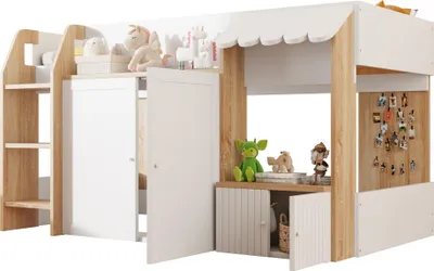 Obrázek produktu pro okwish Dětská postel 90x200 Domečková postel s otevřeným úložným prostorem, rám bez matrace s funkčním úložným prostorem, masivní dřevo s loft designem a žebříkem, Dřevo+Bílá