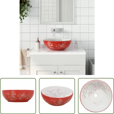 Zdjęcie produktu dla The Living Store Umywalka nablatowa biało-czerwona okrągła Ø41x14 cm ceramiczna