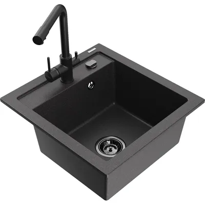 Obrázek produktu pro Mexen Vito 1-miskový granitový dřez s kuchyňskou baterií Duero, Skvrnitá černá - 6503-76-671600-70-B