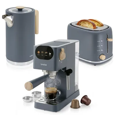 Produktbild von Briebe SKT1209GRY Nordic Set Espressomaschine 20 Bar, Toaster für 2 Scheiben, Wasserkocher 1,7 L Grau