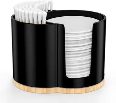 Obrázok produktu pre Ultiluxe Dispenzor na vatové tampóny - Držiak na vatové tyčinky - Kozmetický organizér - 10 x 7 x 7 cm - Úložná krabička - 2 priehradky - Čierny