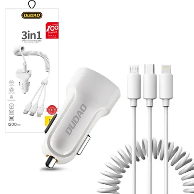 Zdjęcie produktu dla Dudao Zestaw Samochodowa Ładowarka 2X Usb 2.4A + Kabel Przewód Usb 3W1 Lightning / Typ C / Micro Usb Biały (R7 White)
