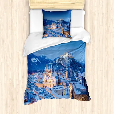 Produktbild von ABAKUHAUS Winter Mantele, Historische Stadt Salzburg, Milbensicher Allergiker geeignet mit Kissenbezügen, 135 cm x 200 cm - 80 x 80 cm, blau Peach