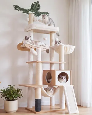Immagine prodotto di Albero per gatti in legno, ideale per appartamenti, con cesta e amaca