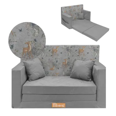 Zdjęcie produktu dla Flumi Sofa dziecięca rozkładana piankowa z funkcją spania - szara, wzór sarenki, motyw lasu