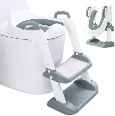 Productafbeelding van Kinder Toiletbril - Potty Trainer - Zelfstandig Zitten - Verstelbare Ladder - 41 x 34 cm - Wit Grijs